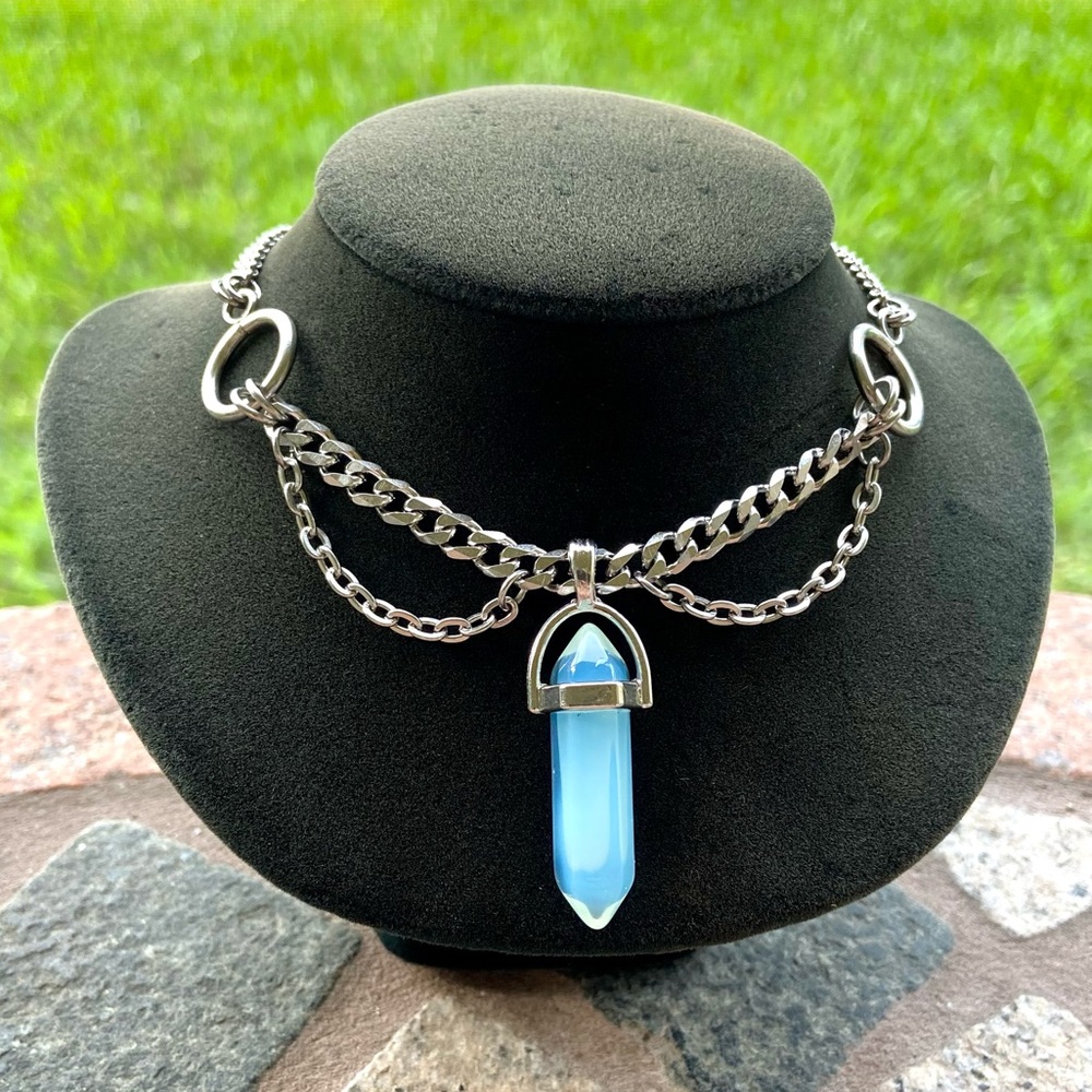 Stainless steel choker with blue iridescent opalite bullet charm boho goth - Picture 7 of 11